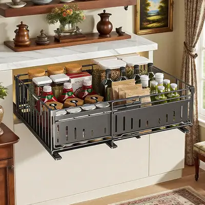 Under Sink Pull-Out Organizer, Expandable Metal Drawer 12.8–19.5, View more
