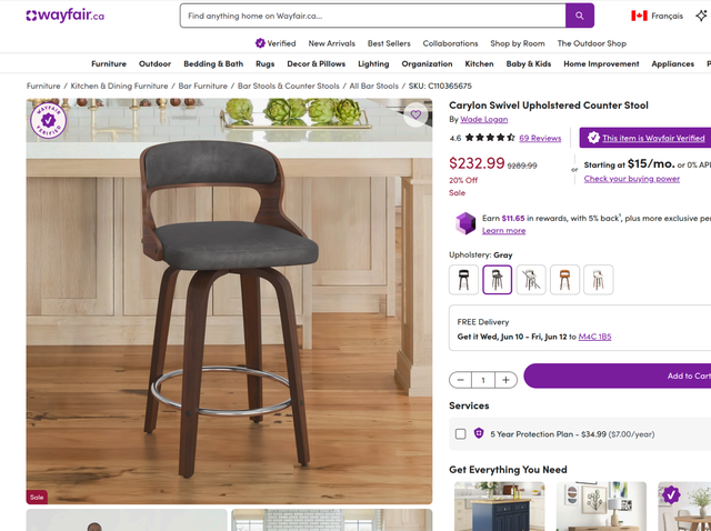 26" Grey Carylon Swivel Upholstered Counter Stool in Chairs & Recliners in City of Toronto - Image 2