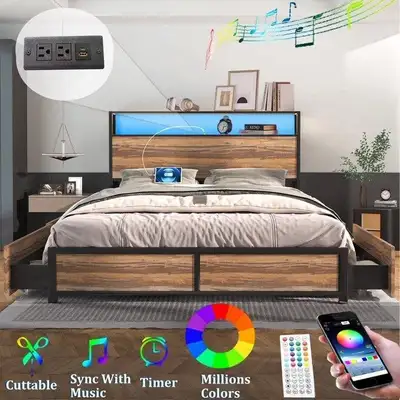 Queen Size Platform Bed Frame with LED Lights, USB Charging Stat, View more
