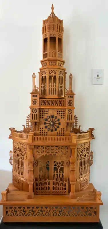 WOOD CARVED CLOCK TOWER.. Very well designed & well made. This is a very RARE item. Height is 50" hi...