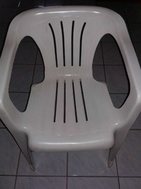 Plastic patio chairs: $10 each, 4 available, can also trade/swap