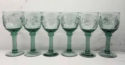Set of Six Depression Glass Green Goblets with Embossed Fruits. Water Glasses