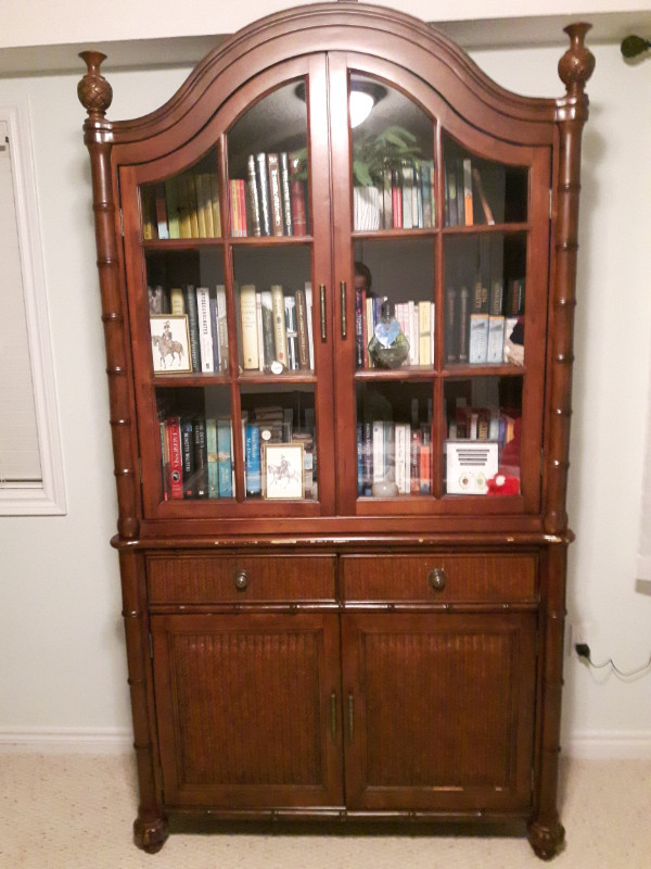 Solid Teak Wood Hutch and Buffet, Glass Accented Double Doors