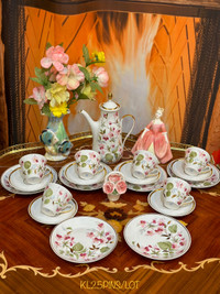 Vintage hand painted demitasse tea set/ espresso cups, 1 figurin