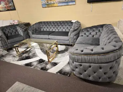 Upgrade your living space with this sophisticated grey velvet living room set, featuring a plush sof...