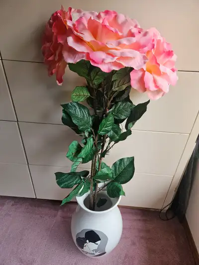 Tall White Ceramic Vase with Artificial Flowers, View more