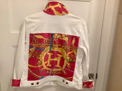 Denim jacket made of an Hermès scarf value of $1,525, View more