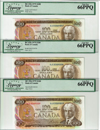 1975 $100s Bank of Canada Banknote, Graded: New 66 & Consecutive