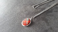 HANDMADE necklace w/red plaid pendant and LONG chain **unique**
