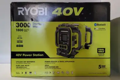 40-Volt Ryobi 3000-Watt RYI1802BT Portable Bluetooth Battery Power Station Pure Sine Wave Inverter G...