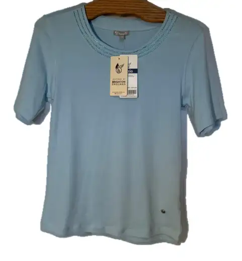 Hajo Light Blue Beaded Round Neckline Women's Top Size M 40628637293882891224
