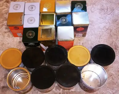 Metal empty cans and boxes (mostly from tea), View more