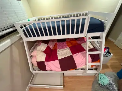 Single bed (mattress included!) above a double bed, with two large storage drawers underneath. All p...