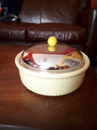 Yellow Ceramic Serving  Bowl with Metal Cover