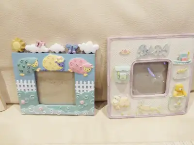 Selling 2 Ceramic Baby Nursery Room Cute Picture Frames Frames $8 for the pair. These frames would l...
