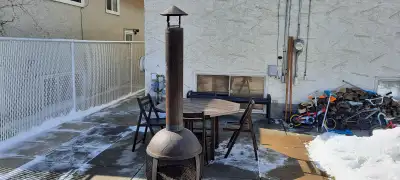 Patio furniture, black bench, fir pit, View more