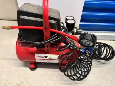 2 Gallon Oil Free Compressor. Works perfect, with regulator. Included coiled air hose, blow gun and...
