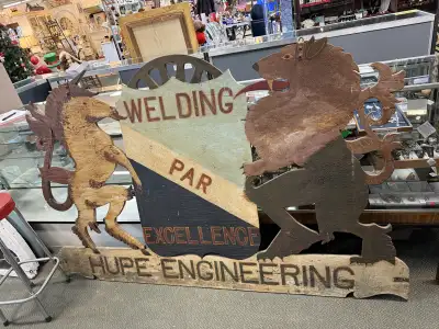 Awesome early double sided wood welding sign. I was told by the previous owners it was from the 1940...