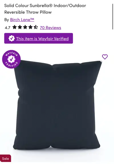 Solid Colour Sunbrella® Indoor/Outdoor Reversible Throw Pillow 18” x 18” canvas navy blue Retails: $...