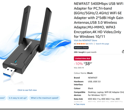 NEWFAST 5400Mbps USB WiFi6E Adapter Tri-band, for Windows PC, View more