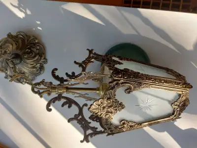 2 Heavy Antique Brass Hanging Lamps, View more