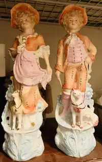 2 Antique German Bisque Man & Woman w/Dogs Figurines 