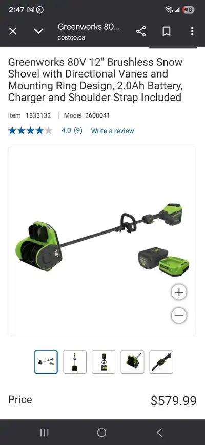 Greenworks Snow Shovel with battery and charger new in box, View more