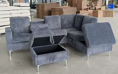 Grey Corduroy Modular Sectional Sofa with Storage + Ottoman