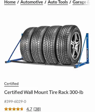 Certified wall mounted tire rack 300lb rating Adjustable width. Fits 4 tires Was used for 1 year. Mo...