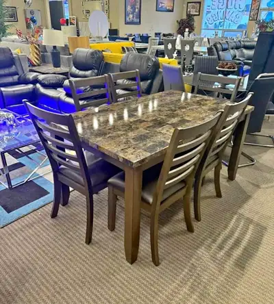 Dining Set with 6 Wooden Chairs And Marble Like Top Table, View more