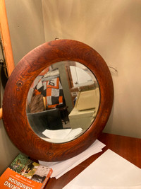Vintage round Wooden Mirror with beveled edge