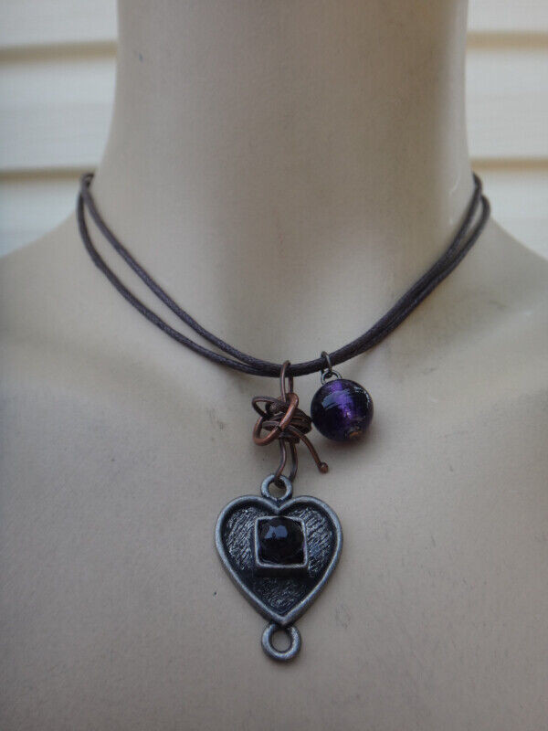 Brown Double Rope Necklace with Heart and Purple Bead Pendants in Jewellery & Watches in Thunder Bay