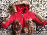 Natural Leather and Fur Red Winter Jacket for Girl (Size 3T - 4T