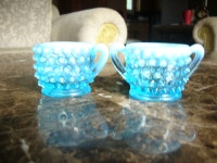 Vintage Fenton Blue Opalescent Hobnail Mini Cream and Sugar
