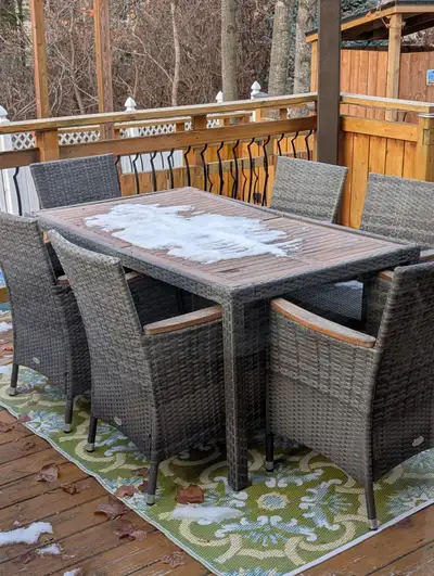Teak and wicker outdoor dining set, View more