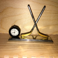 Vintage Miniature Desk Clock Hockey Sticks and Puck