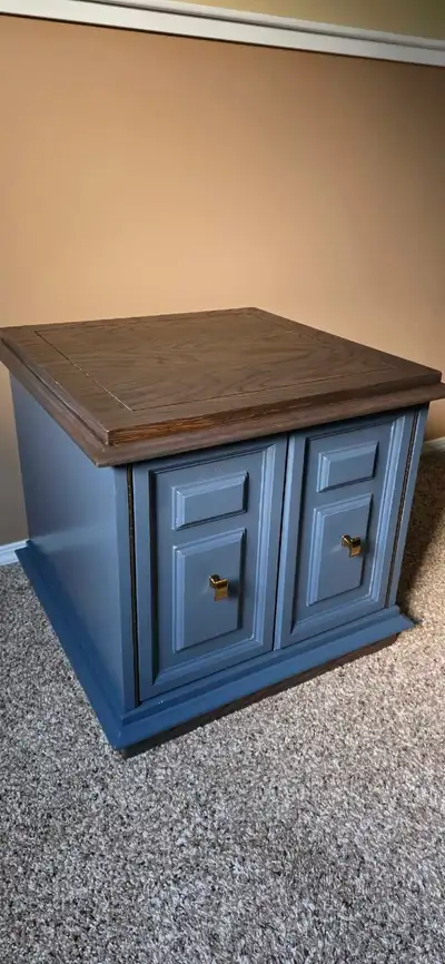 Refurbished Accent Cabinet | Modern Navy Finish & Dark Wood Top, View more