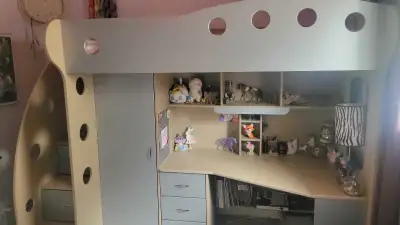 Twin loft bed with desk and lots of storage, View more