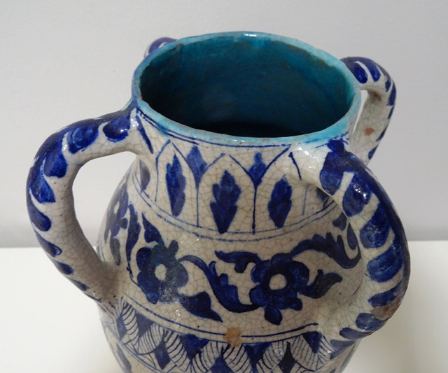 early MOROCCAN EWER 4 handled Blue White CRACKLE GLAZE Moorish in Arts & Collectibles in Hamilton