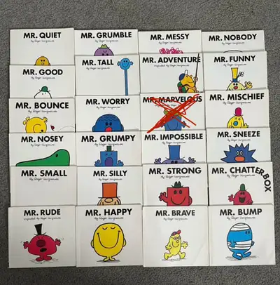 A variety of Mr. Men and Little Miss books. Pictures show which books aren’t in the best condition....