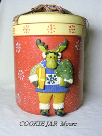 Vintage Ceramic Cookie Jar, seal lid Moose with gift snow flakes