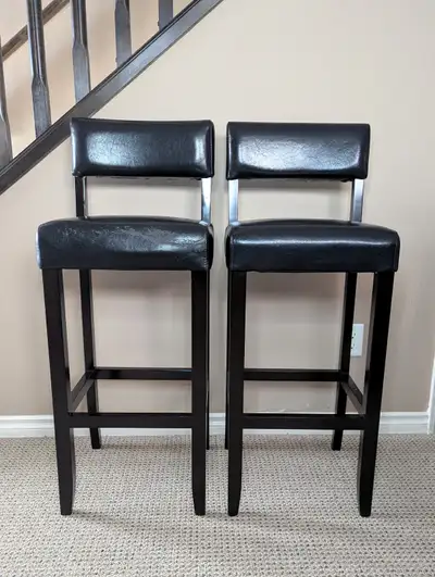 Dark Wood Bar Stools w/ Leather Seats (Set of 2), View more