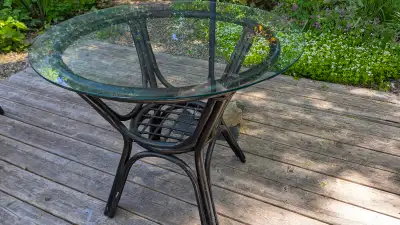 Glass Top Rattan Table with 2 Chairs & Umbrella, View more