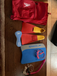 Kids speedo swim gear package, flutter board, swimming fins, 