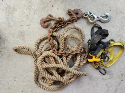 Clearing out garage - tow rope, some kind of straps (ratchet?) and hooks