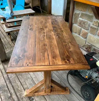 This on is 5 feet long by 3 feet wide. Reclaimed local solid 150yr old barnboard table with a matchi...