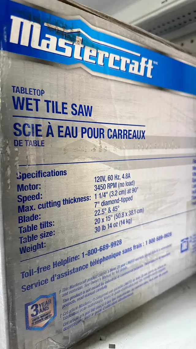Wet  Tile Saw 7 in Mastercraft in Power Tools in Mississauga / Peel Region - Image 3