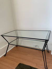 Vintage glass and metal table with hairpin legs