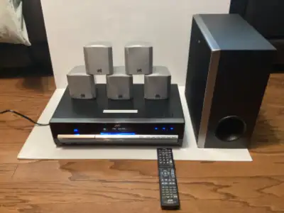 JVC HOME THEATER DVD SYSTEM DVD STEREO RECEIVER SOUND SYSTEM. FULLY FUNCTIONING WITH SUBWOOFER SATEL...