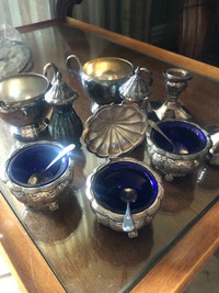 Antique English mustard,salt,sugar cellar with cobalt inserts